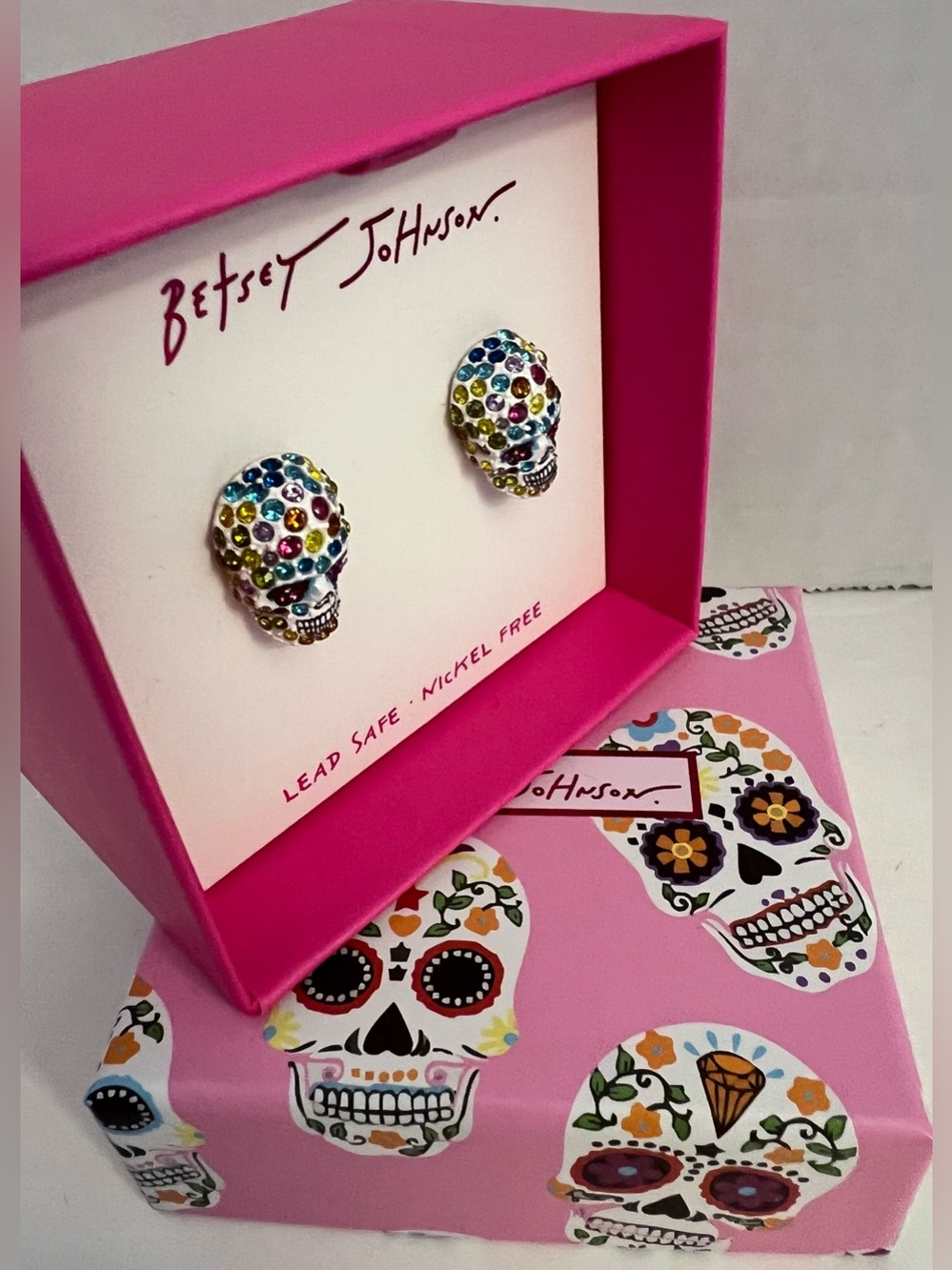 Betsey Johnson Multicolor Crystal Sugar Skull Stud Earrings - Picture 9 of 16